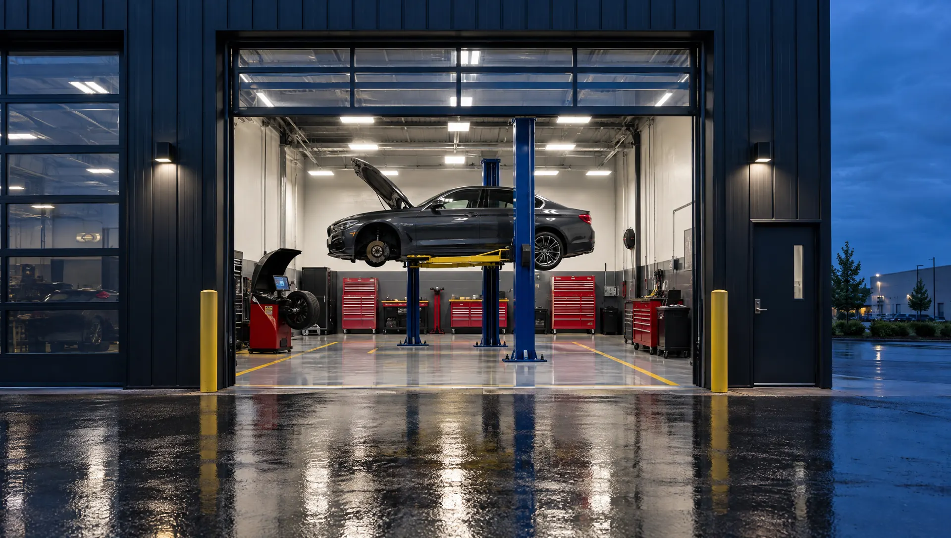 Open service bay at dusk with a grey sedan raised on a lift