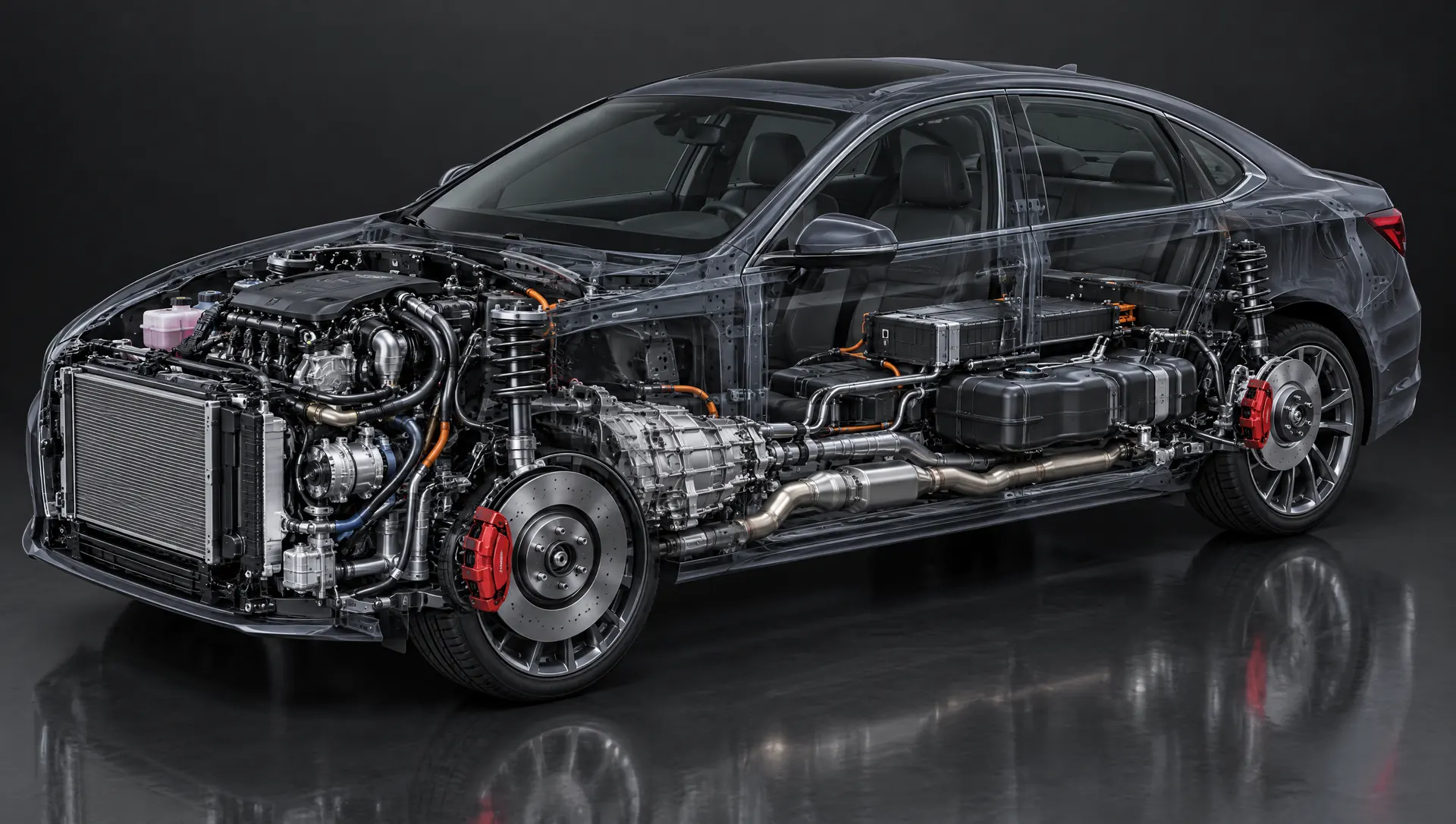 See-through cutaway of the sedan showing engine, transmission, brakes, suspension and exhaust