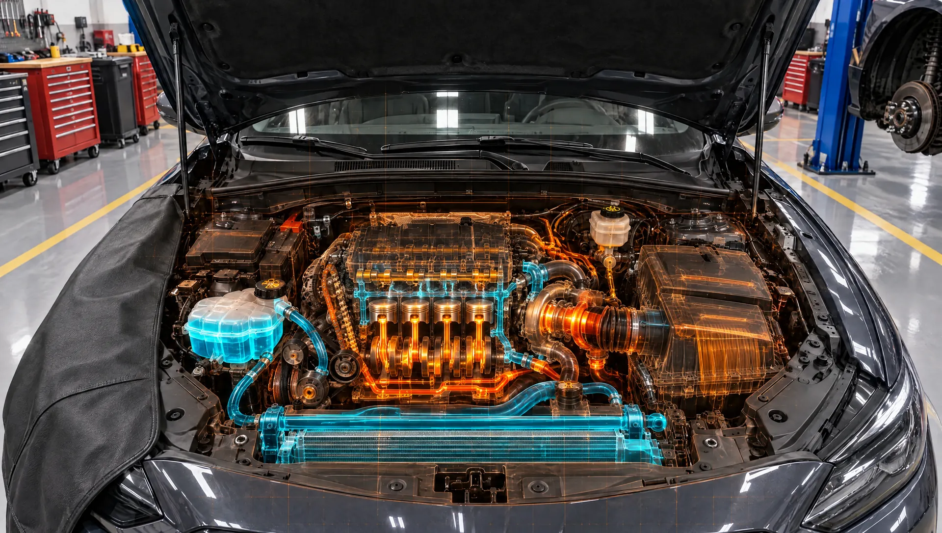 X-ray view of the engine showing pistons, crankshaft, turbo, oil and coolant flow