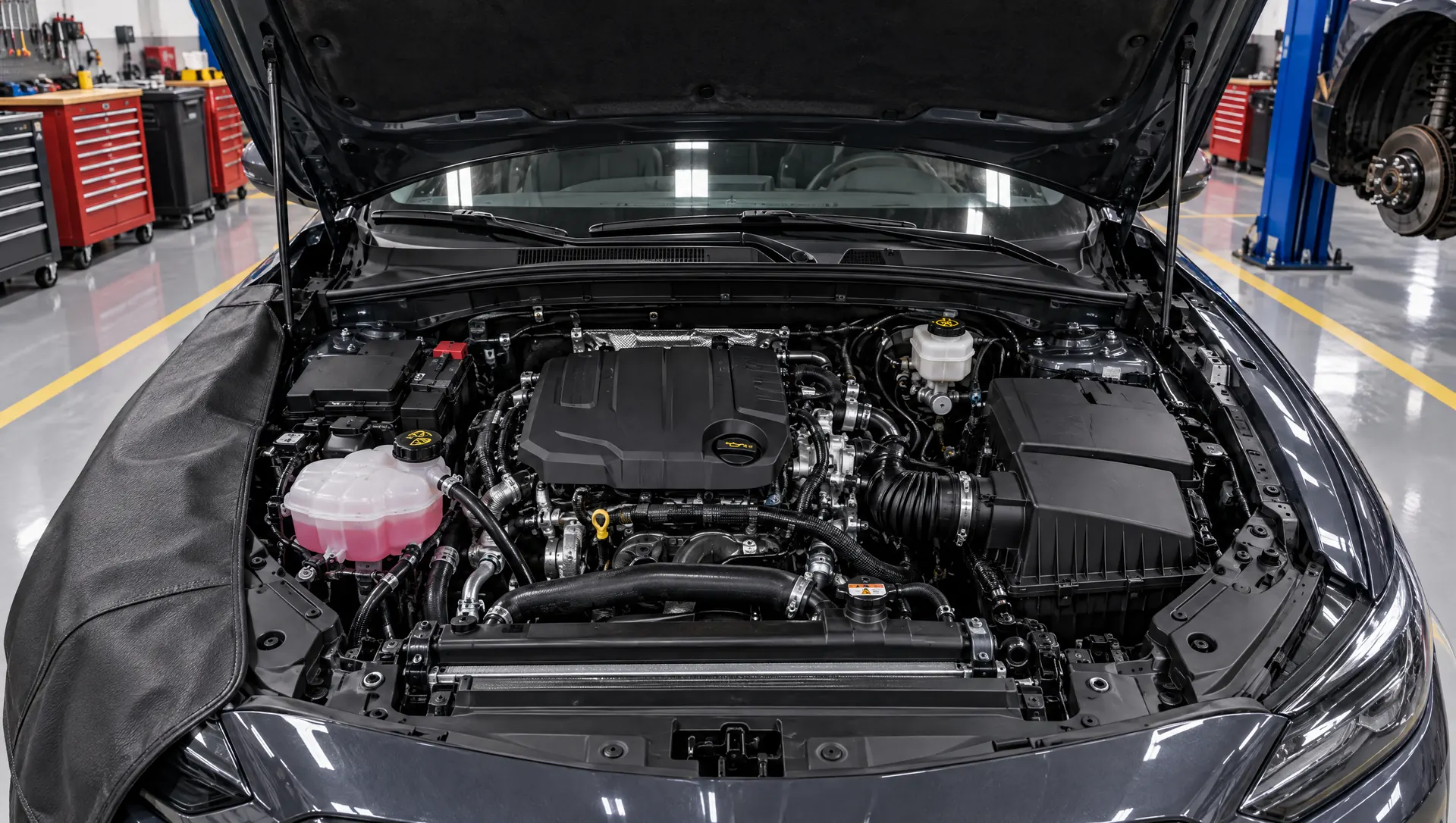 Open engine bay of the sedan with coolant reservoir, battery and air box