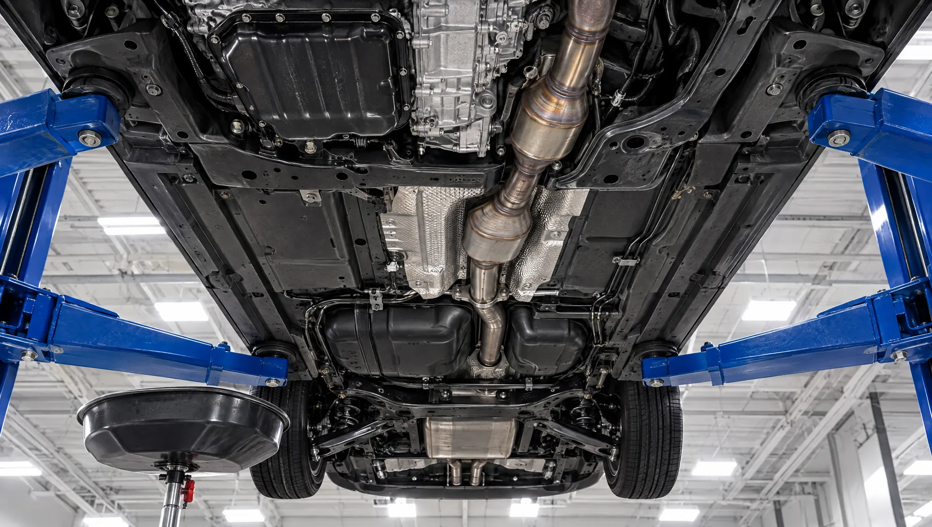 Underside of the car on a lift showing oil pan, transmission, exhaust and fuel tank