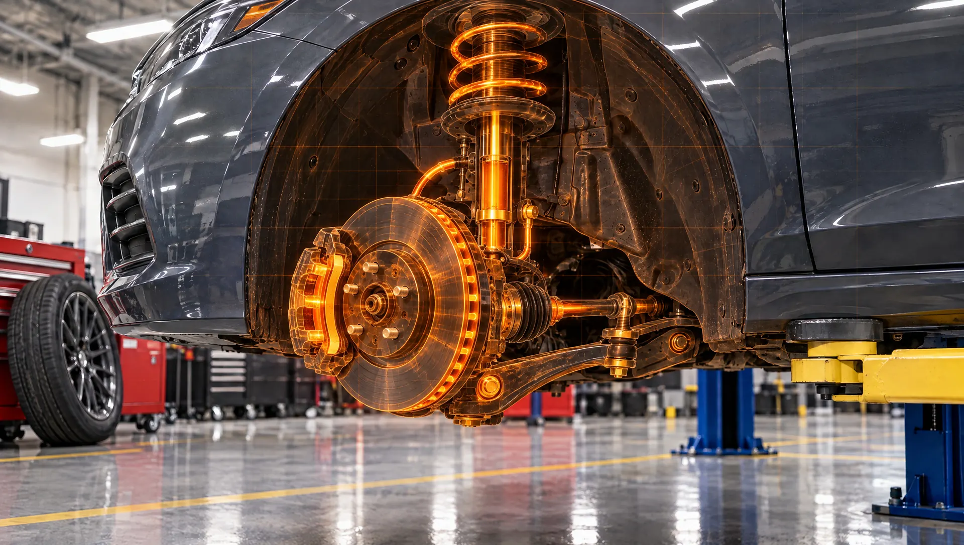 X-ray view of the brake and suspension showing pads, caliper piston and brake fluid