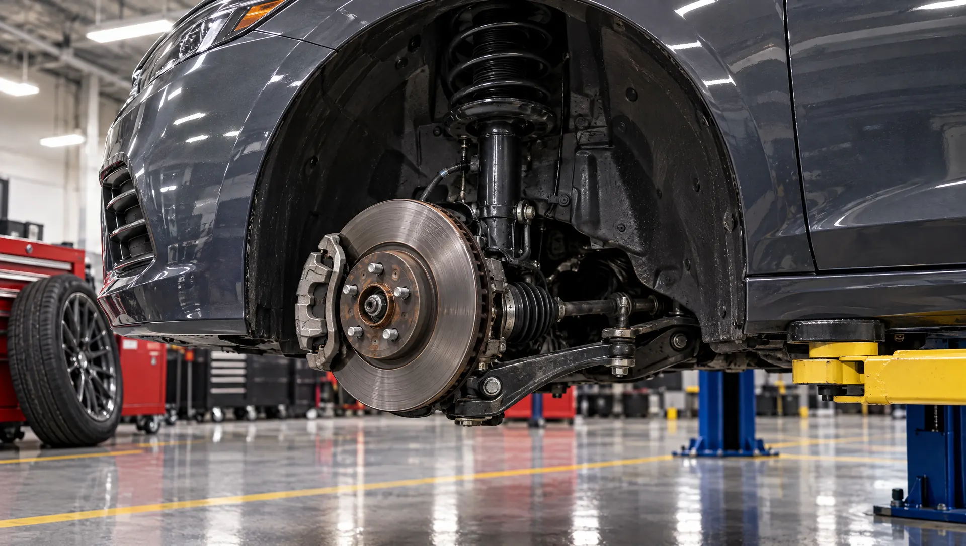 Front corner with the wheel off showing rotor, caliper, strut and control arm