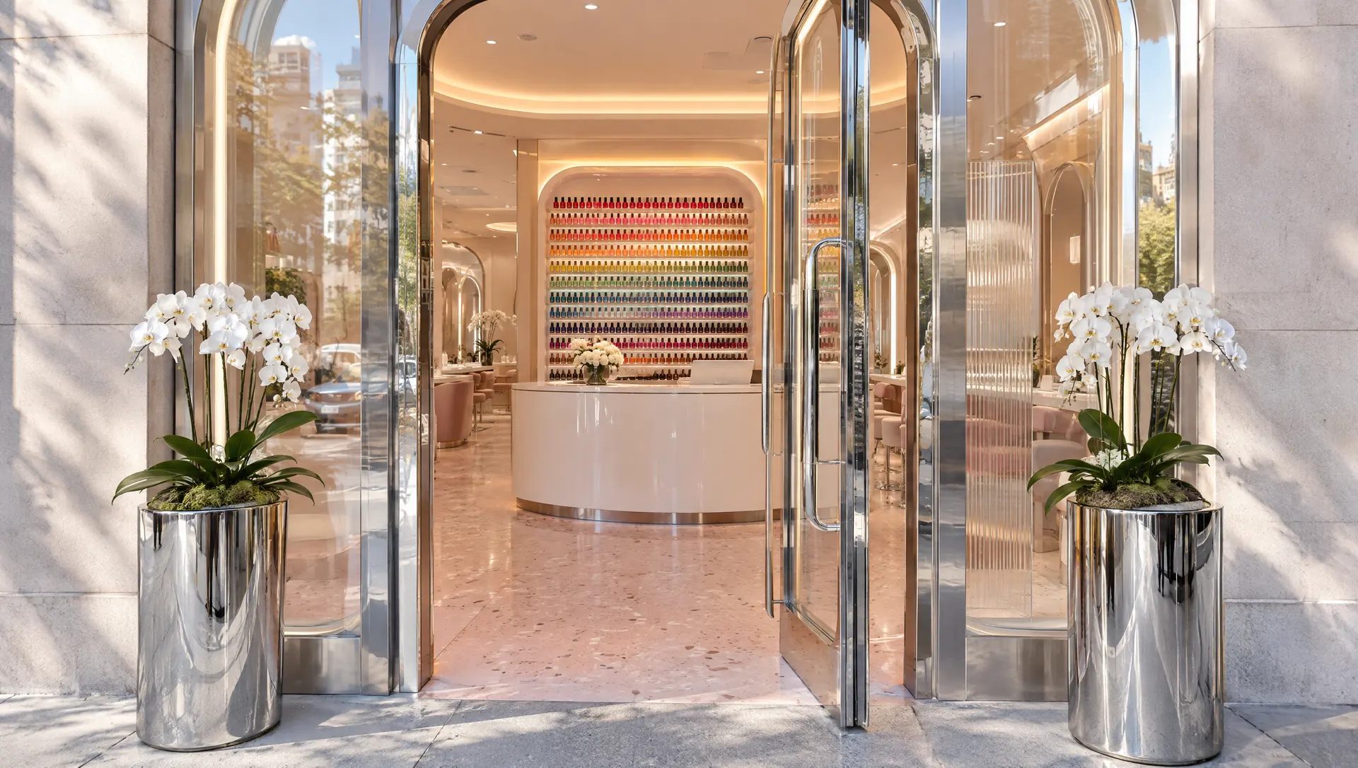 Arched chrome and glass entrance with white orchids, a wall of polish colours glowing inside