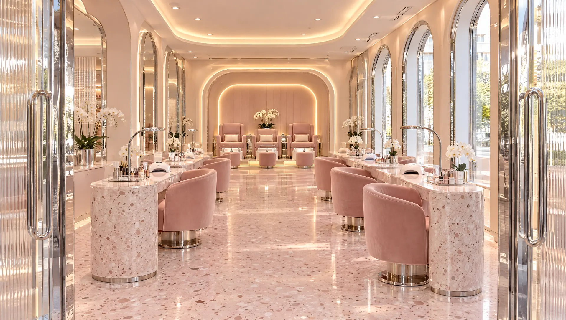 Long manicure bar with pink velvet chairs, terrazzo tables and arched windows