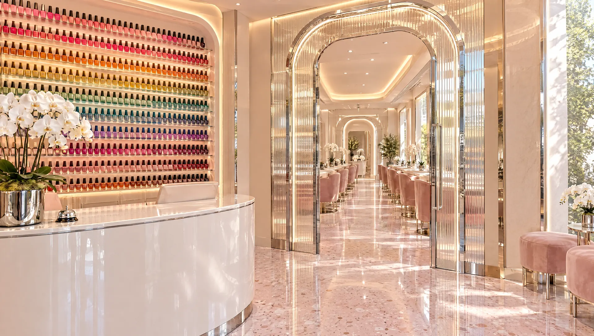 Reception desk beside a floor-to-ceiling rainbow wall of nail polish, an arch leading to the manicure bar