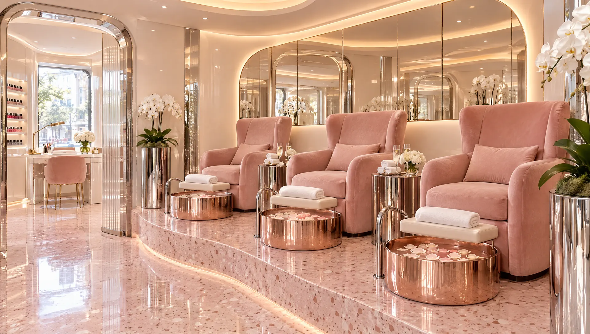 Pedicure lounge with velvet thrones and copper basins of rose petals