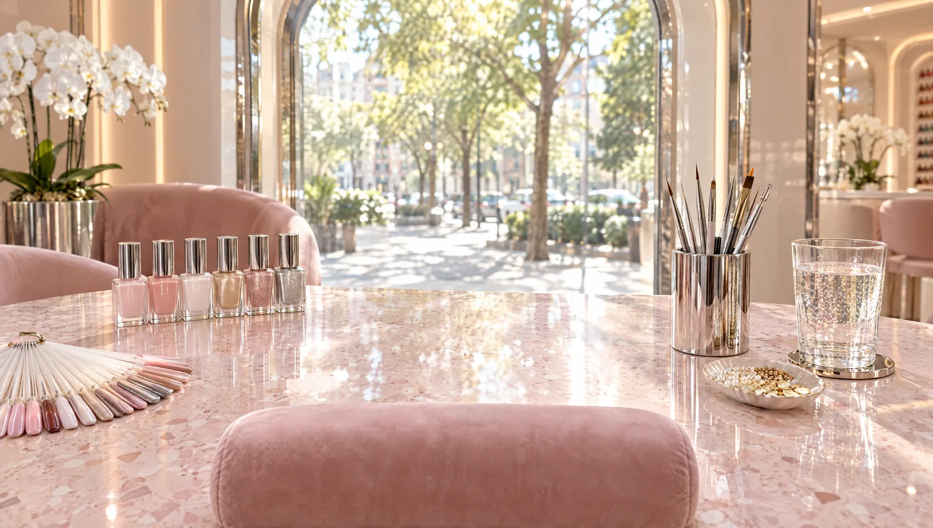 Nail art station by an arched window with polish bottles, brushes, tip swatches and a velvet hand cushion