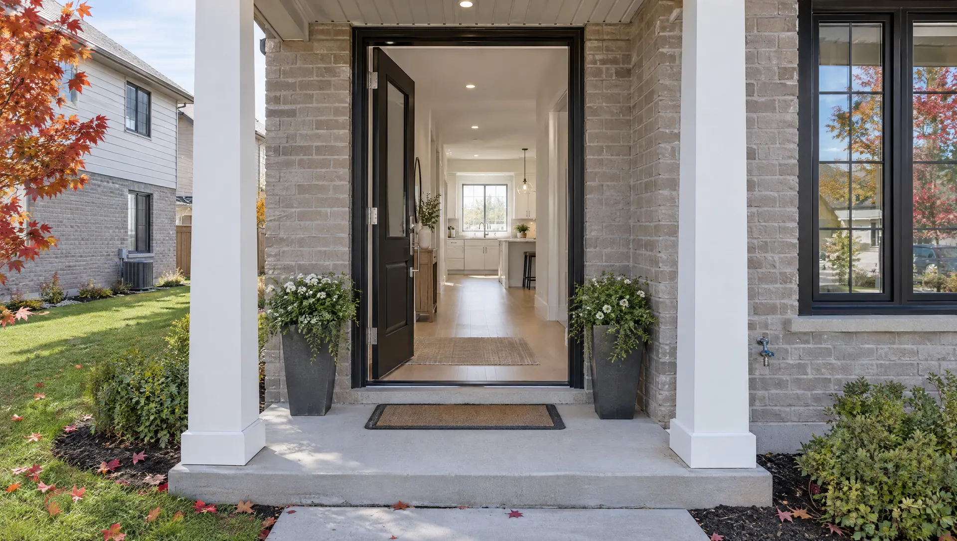 Front porch of a brick house with the door open to a bright hallway and kitchen