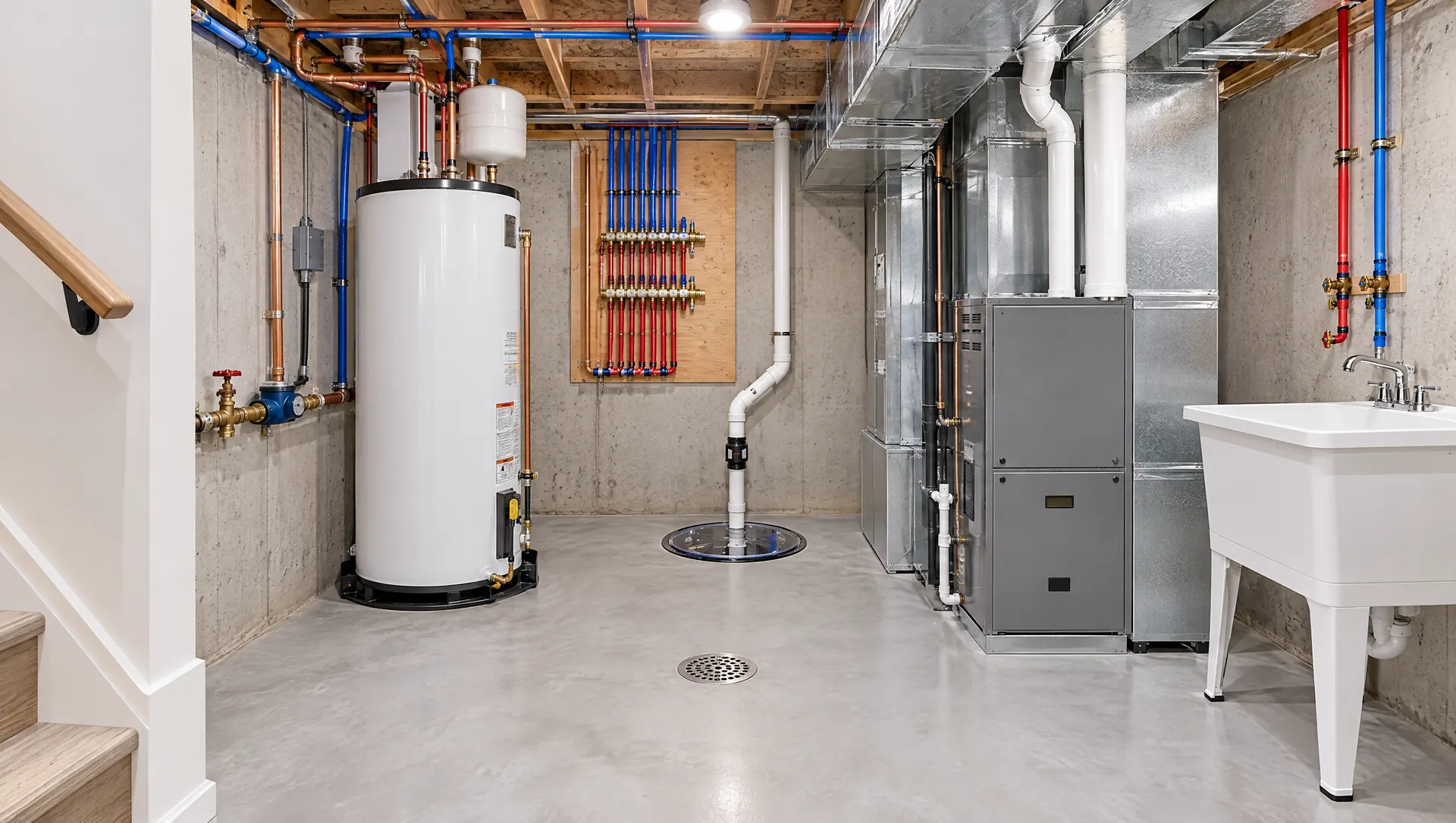 Basement utility room with water heater, manifold, main shut-off and sump pump