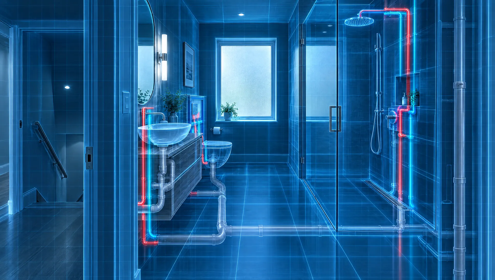 X-ray view of the bathroom showing supply lines, drains and the stack inside the walls