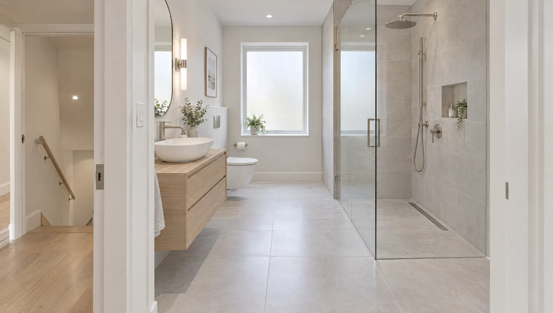 Modern bathroom with a floating vanity, wall-hung toilet and walk-in shower