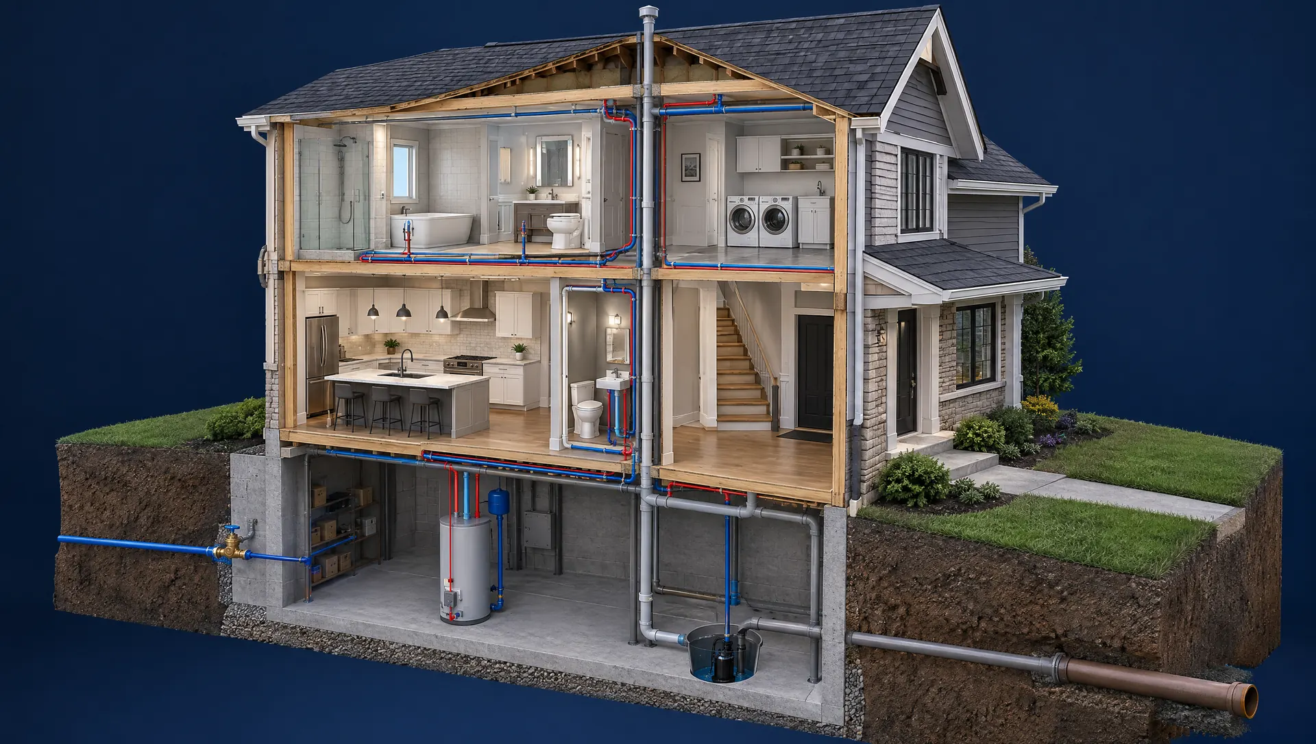 Cutaway of the whole house showing every water line, drain and the sewer connection