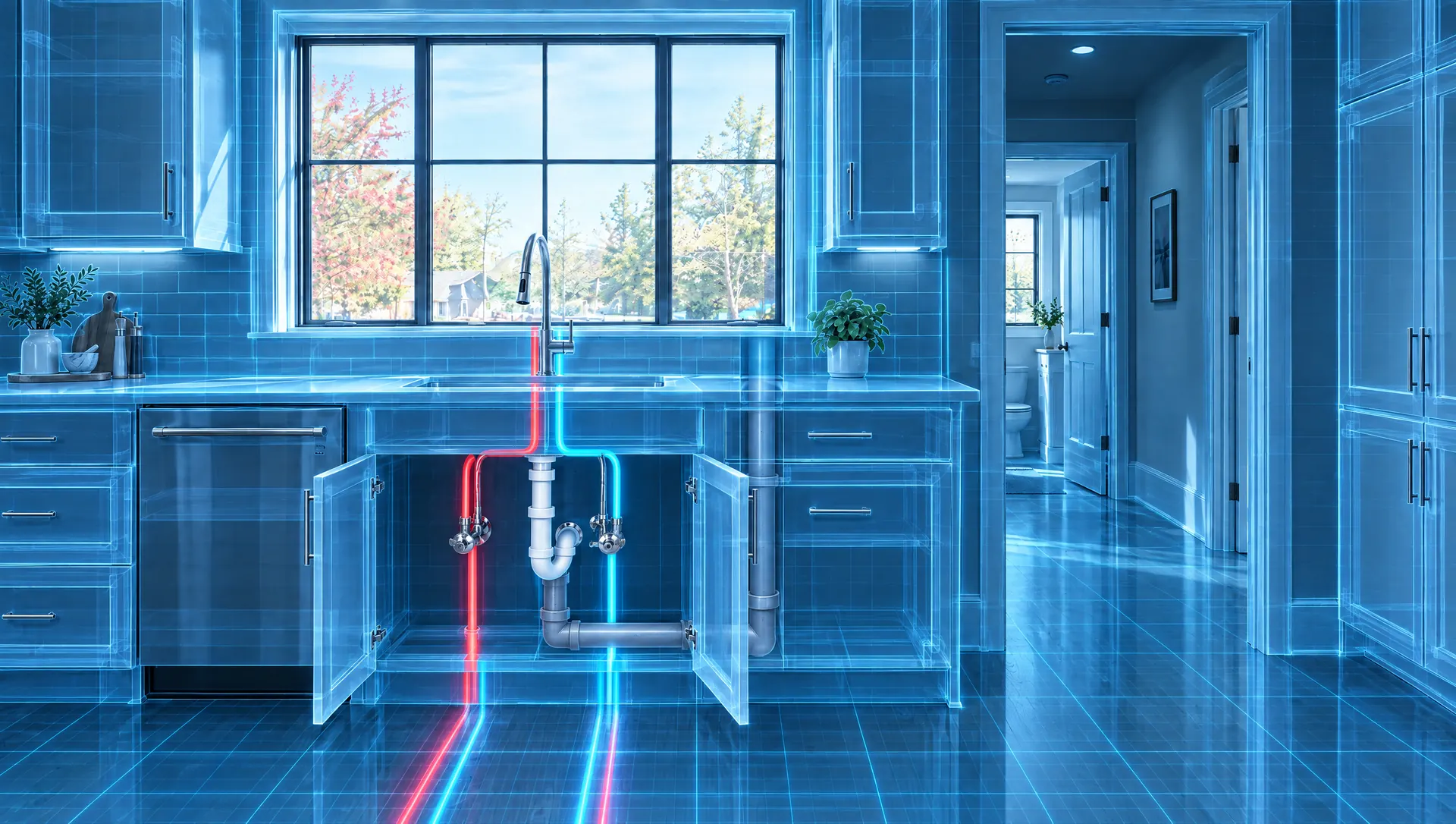 X-ray view of the kitchen showing hot and cold lines and the drain inside the walls