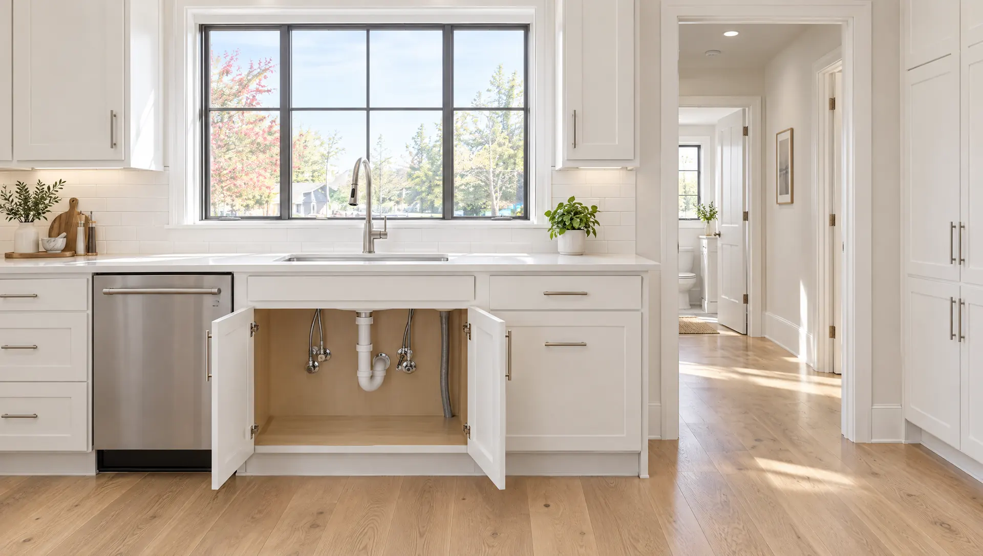 Kitchen sink with the cabinet open showing shut-off valves and drain