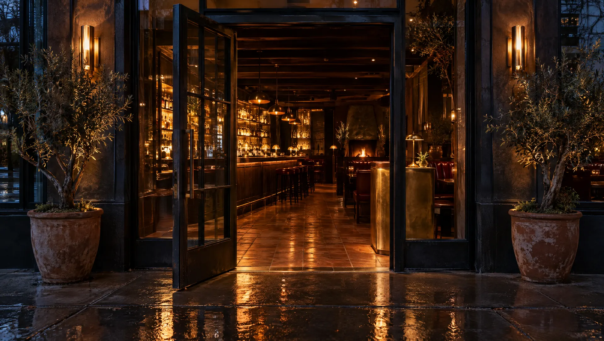 Restaurant entrance at night with an open steel door, olive trees and warm light on a wet sidewalk