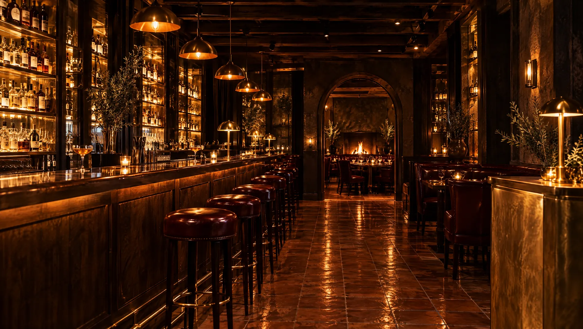 Long dark oak bar with backlit bottles and leather stools leading to an arch