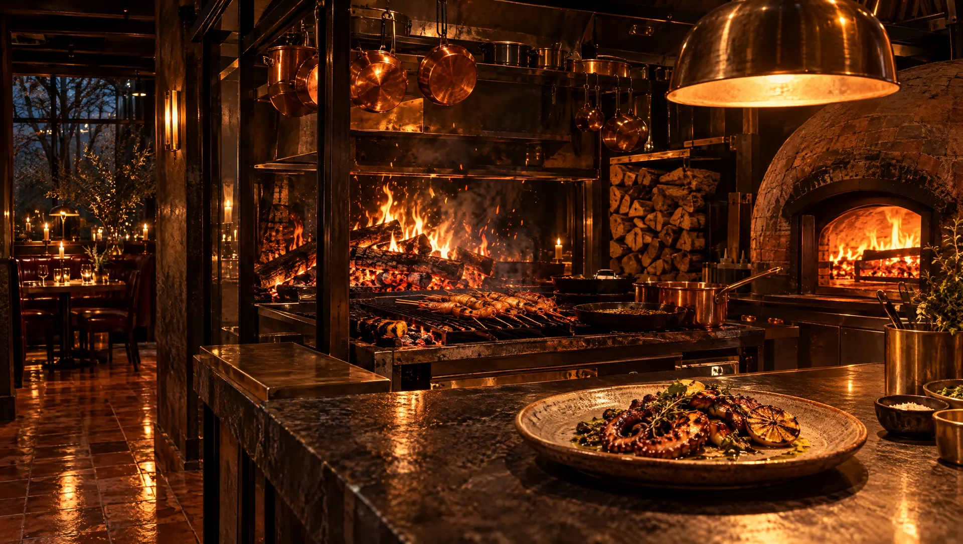 Chef's counter beside a roaring wood grill with prawn skewers and a plate of grilled octopus