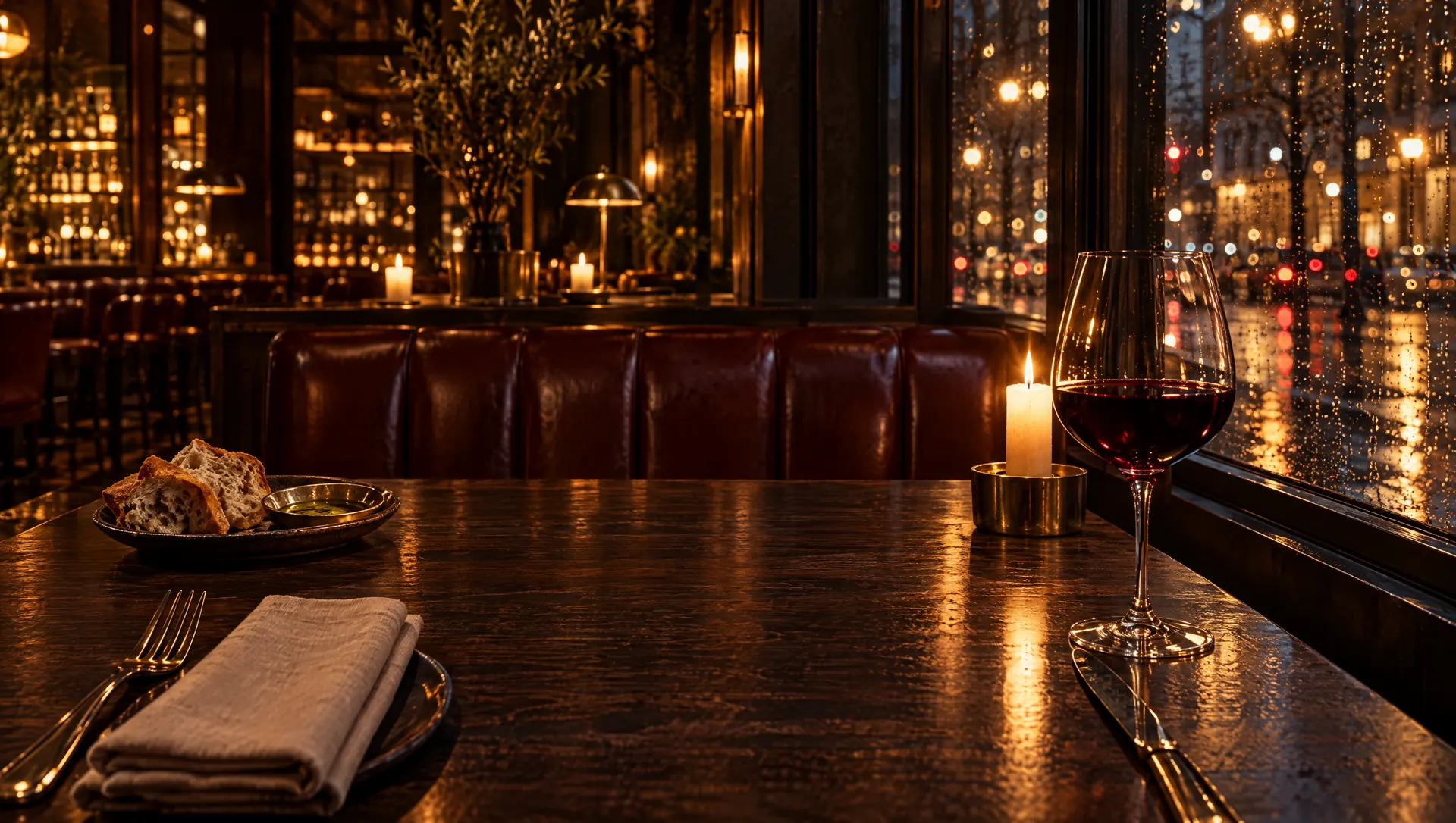 Window table set with red wine, a candle and bread, rain on the glass outside