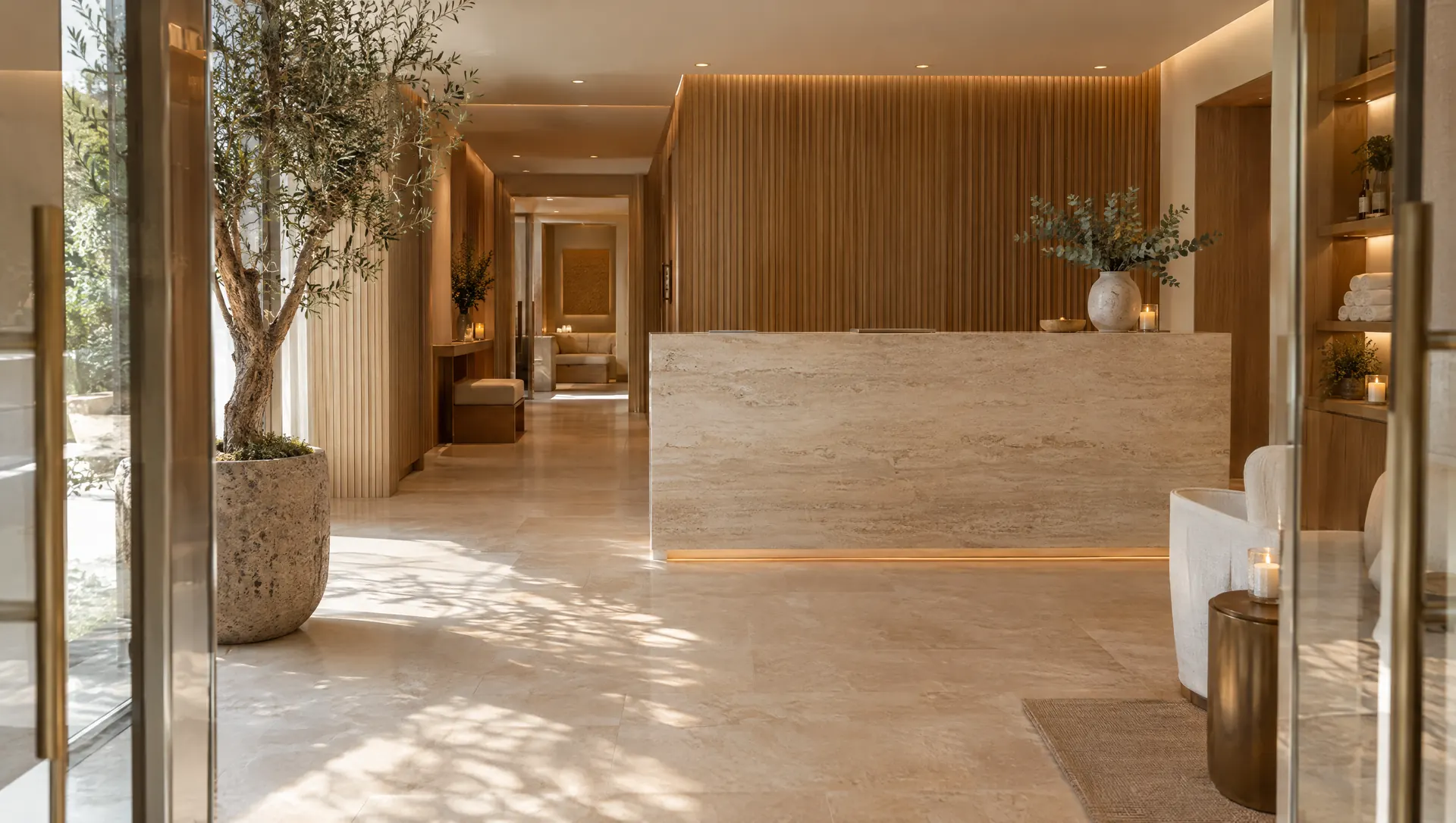 Reception with a travertine desk, oak slat wall and an olive tree in afternoon light
