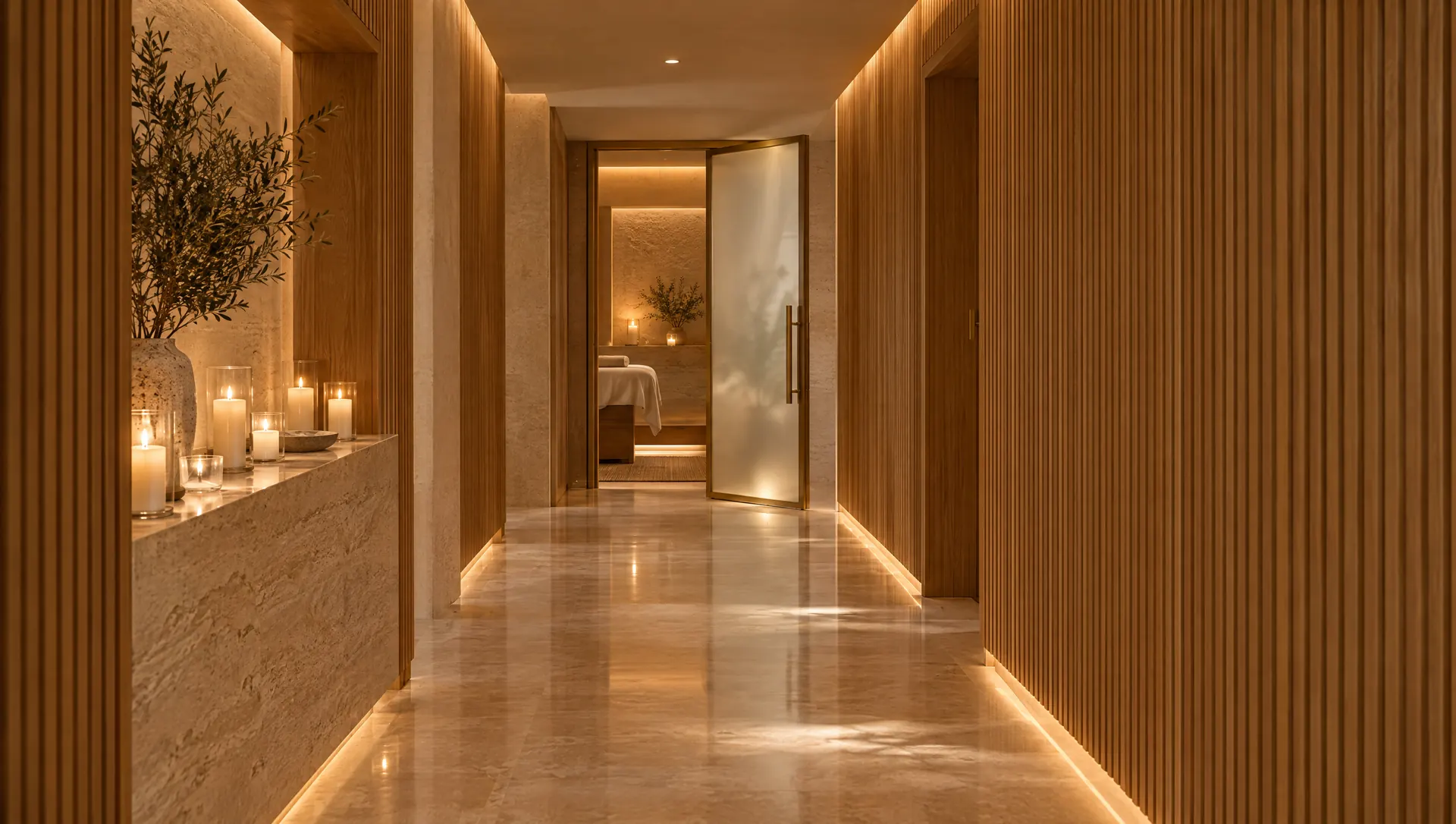 Candlelit oak hallway leading to an open frosted-glass door