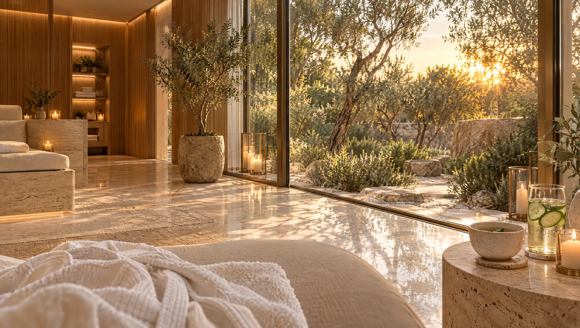 Relaxation lounge with herbal tea, looking out at an olive garden at golden hour