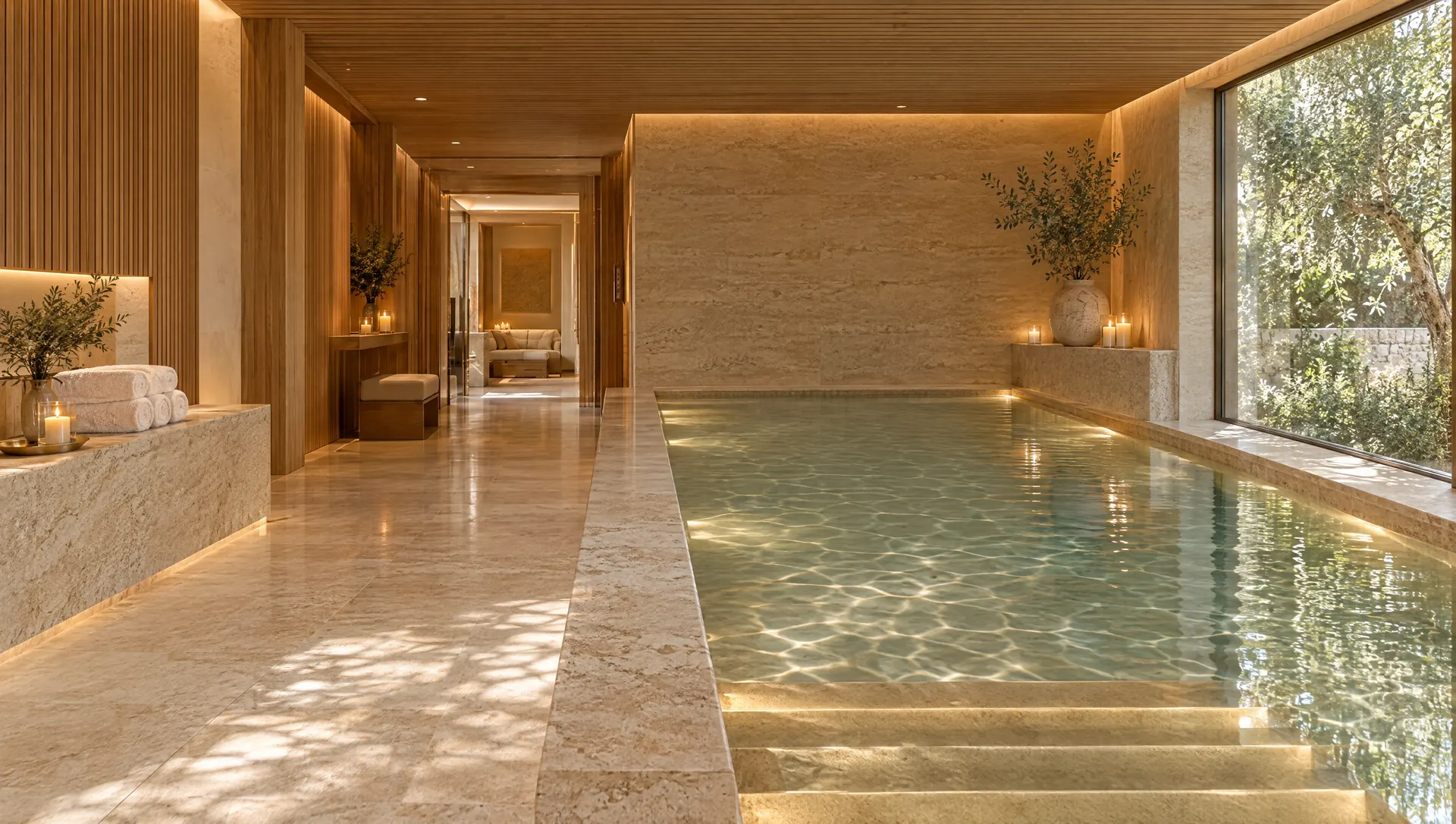 Indoor mineral pool lined in travertine beside a garden window