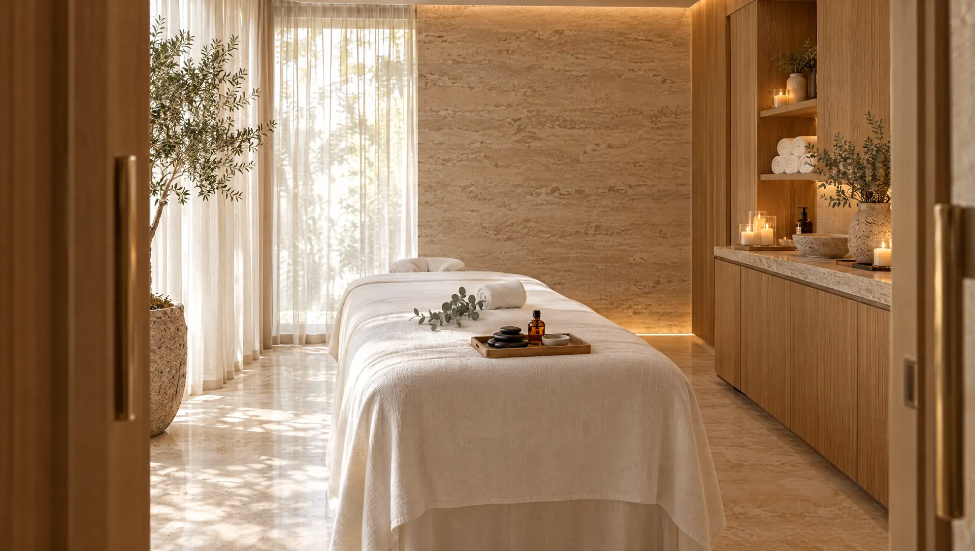 Treatment suite with a linen massage table, hot stones and sheer curtains